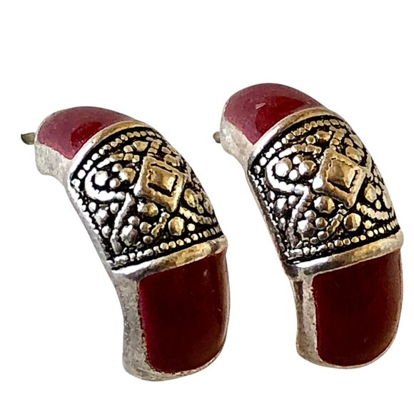 Vintage Earrings Brown Enamel & Silver-tone Half Hoop Pierced Posts - Picture 5 of 10